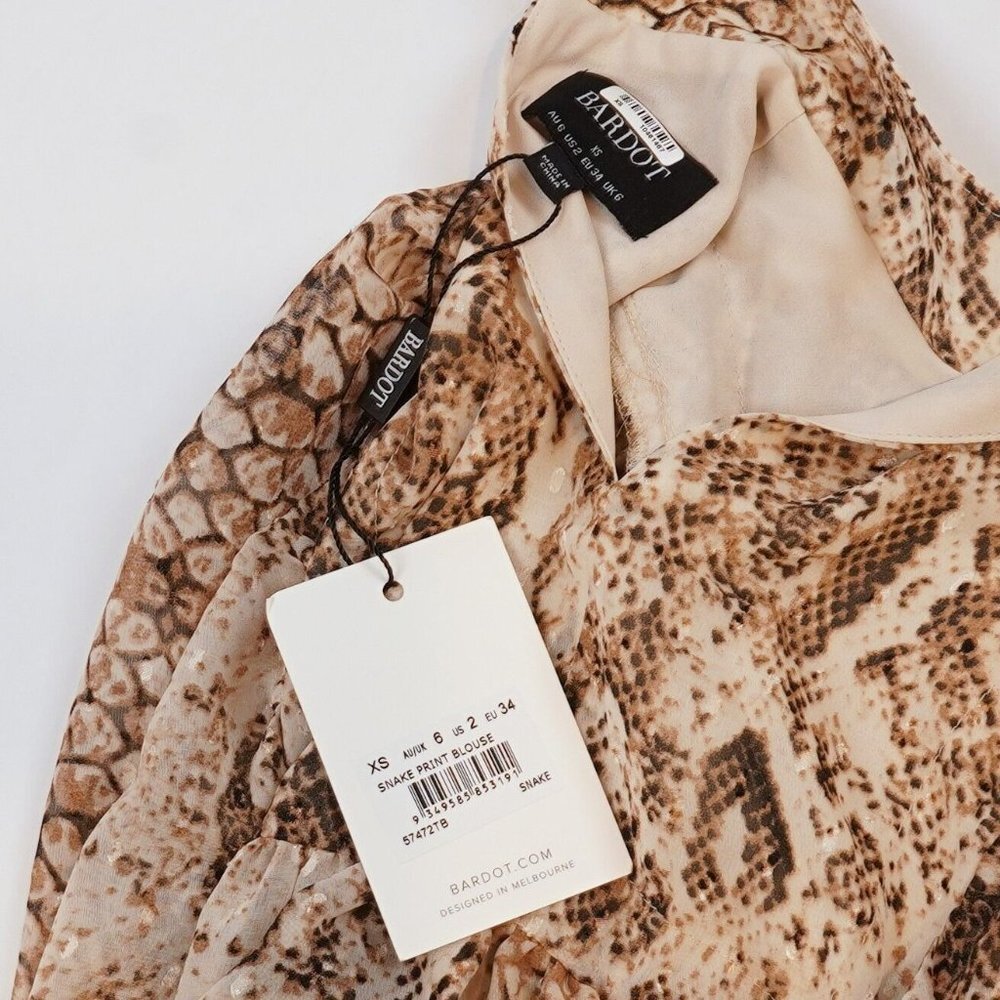 Bardot Snake Print Blouse Brown Cream - XS - NWT - Picture 4 of 7